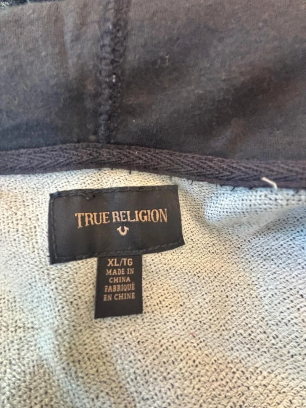 True Religion Zip Up Hoodie Black Coated Denim Men's Size XL Tonal Logo